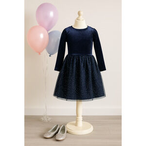 Crewcuts Girls’ Sparkle Velvet Dress Navy Blue XL – Long Sleeve Tulle Star Skirt
